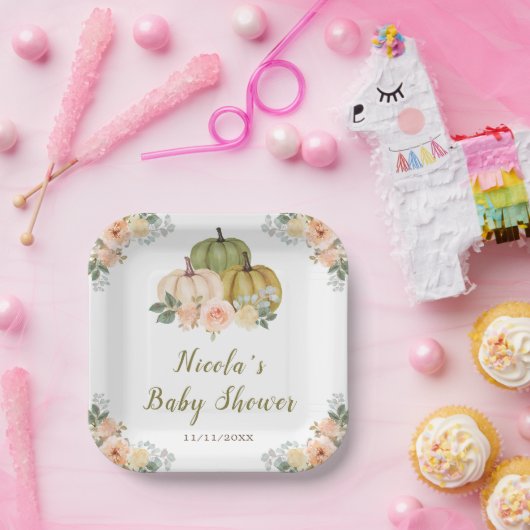 Sage Green en Peach Bloemenpompoenen Baby shower Papieren Bordje (Feest)