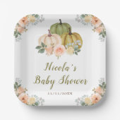 Sage Green en Peach Bloemenpompoenen Baby shower Papieren Bordje (Voorkant)