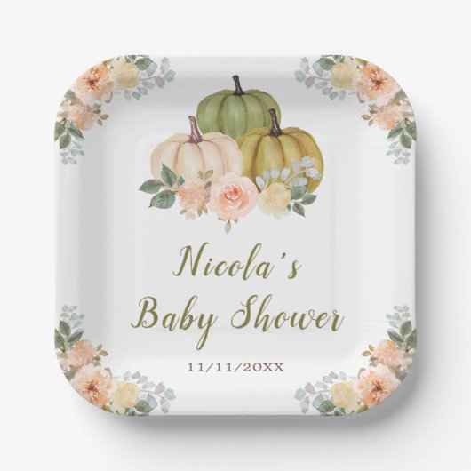 Sage Green en Peach Bloemenpompoenen Baby shower Papieren Bordje (Voorkant)