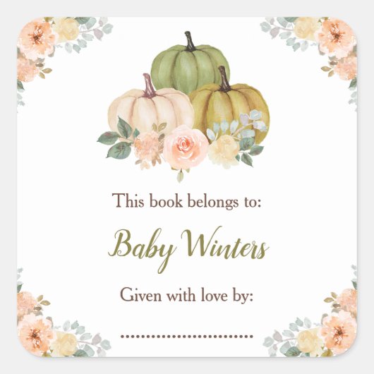 Sage Green en Peach Bloemenpompoenen Baby shower Vierkante Sticker (Voorkant)
