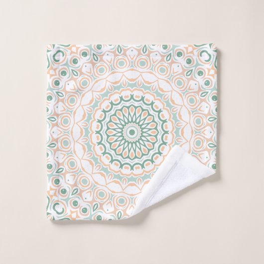 Sage Green en Peach Mandala Patroon Bad Handdoek (Wasdoekje)