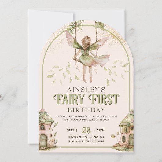 Sage Green en Pink Fairy Eerste Boog 1e Verjaardag Kaart (Voorkant)