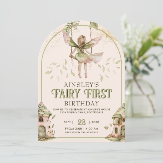 Sage Green en Pink Fairy Eerste Boog 1e Verjaardag Kaart (Staand voorkant)