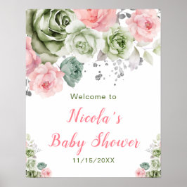 Sage Green en Pink Floral Baby shower Welkom Poster