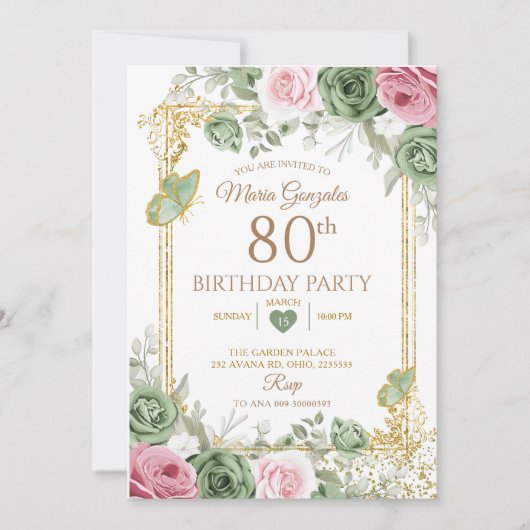 Sage Green en Pink Floral Butterfly 80ste verjaard Kaart (Voorkant)