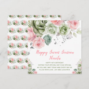 Sage Green en Pink Floral Sweet Sixteen Kaart