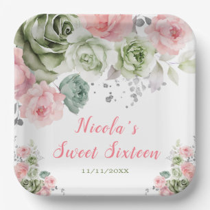 Sage Green en Pink Floral Sweet Sixteen Papieren Bordje