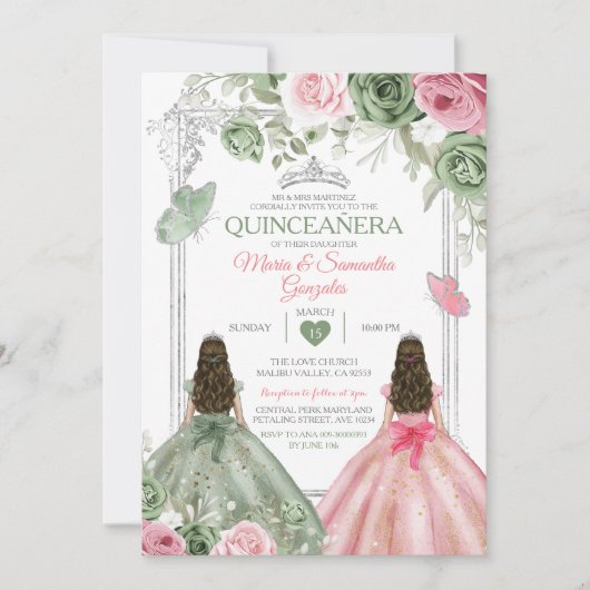 Sage Green en Pink Twin Quinceañera Butterfly Kaart (Voorkant)