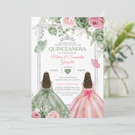 Sage Green en Pink Twin Quinceañera Butterfly Kaart (Staand voorkant)