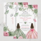 Sage Green en Pink Twin Quinceañera Butterfly Kaart (Voorkant / Achterkant)