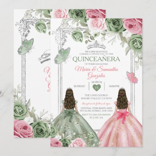 Sage Green en Pink Twin Quinceañera Butterfly Kaart (Voorkant / Achterkant)