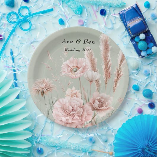 Sage Green en Pink Wildflowers Wedding Papieren Bordje (Feest)