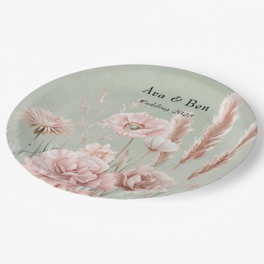 Sage Green en Pink Wildflowers Wedding Papieren Bordje (Gekanteld)