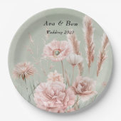 Sage Green en Pink Wildflowers Wedding Papieren Bordje (Voorkant)