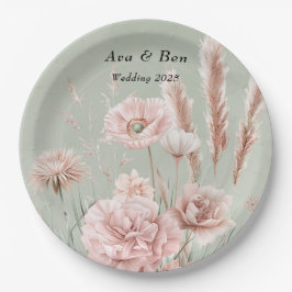 Sage Green en Pink Wildflowers Wedding Papieren Bordje