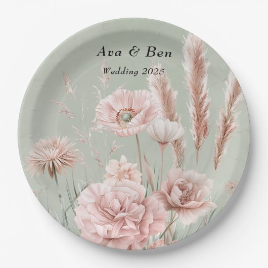 Sage Green en Pink Wildflowers Wedding Papieren Bordje (Voorkant)