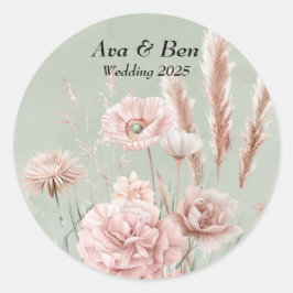 Sage Green en Pink Wildflowers Wedding Ronde Sticker