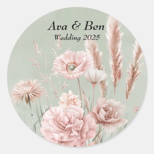 Sage Green en Pink Wildflowers Wedding Ronde Sticker (Voorkant)
