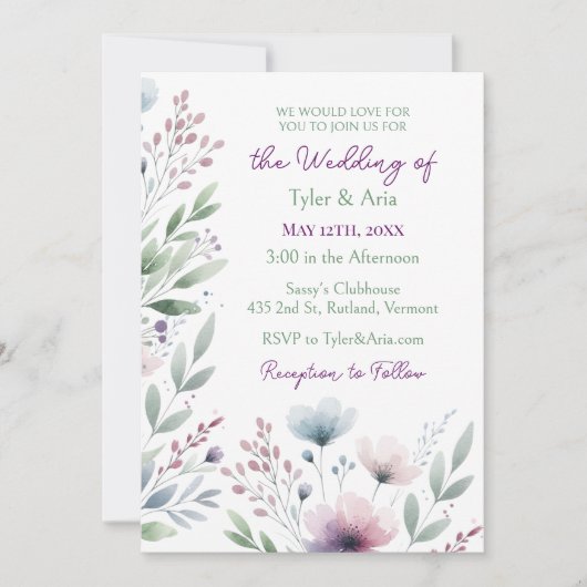 Sage Green en Plum Paarse botanische bruiloft Kaart (Voorkant)