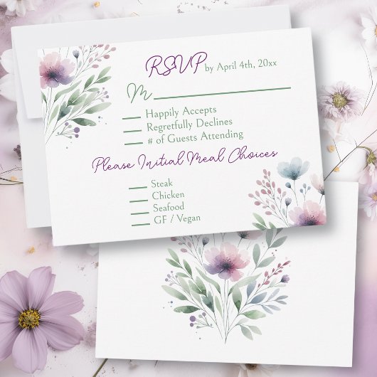 Sage Green en Plum Paarse botanische bruiloft RSVP Kaartje