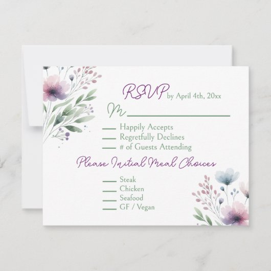 Sage Green en Plum Paarse botanische bruiloft RSVP Kaartje (Voorkant)