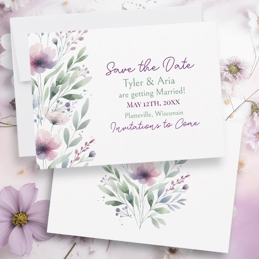 Sage Green en Plum Paarse botanische bruiloft Save The Date