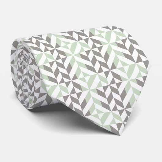 Sage Green en Silver Geometric Deco Cube Pattern Stropdas (Opgerold)