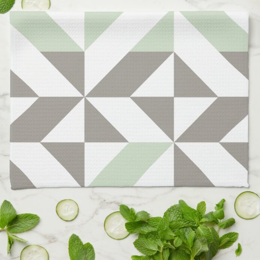 Sage Green en Silver Geometric ZigZag Theedoek (Gevouwen)