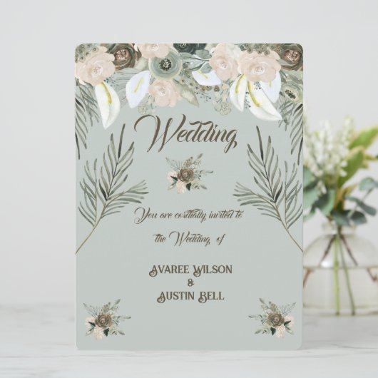 Sage Green en Vanilla Cream Wedding Kaart (Staand voorkant)