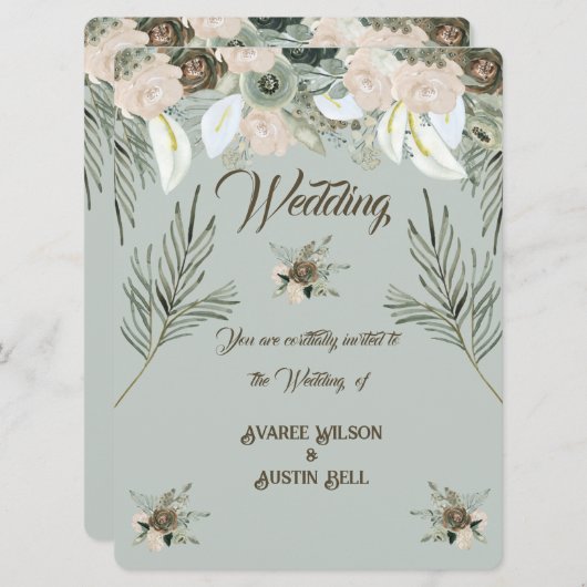 Sage Green en Vanilla Cream Wedding Kaart (Voorkant / Achterkant)