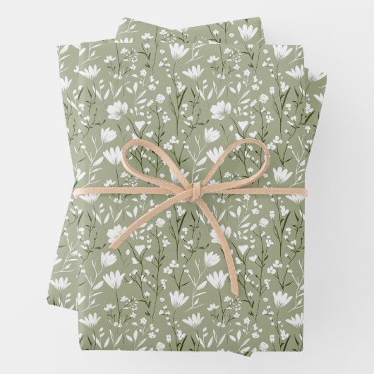 Sage Green en White Floral Vrijgezellenfeest Weddi Inpakpapier Vel (In situ)