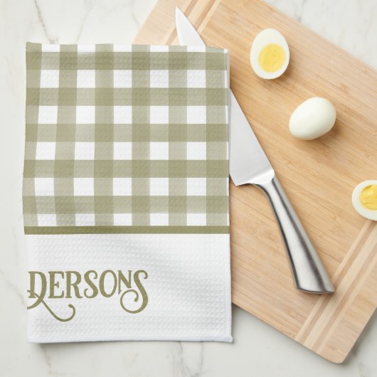 Sage Green en White Gingham Plaid Gepersonaliseerd Theedoek (Quarter Fold)