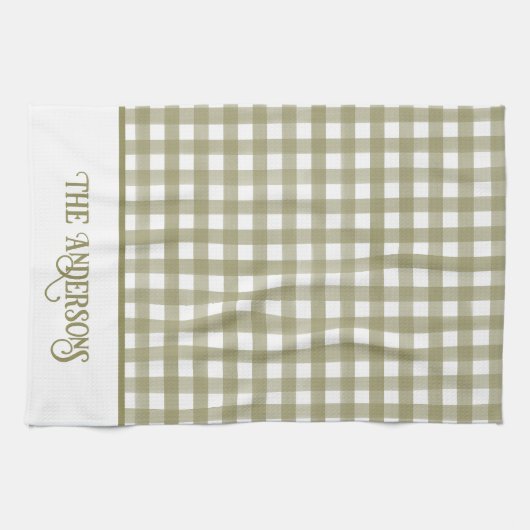 Sage Green en White Gingham Plaid Gepersonaliseerd Theedoek (Horizontaal)