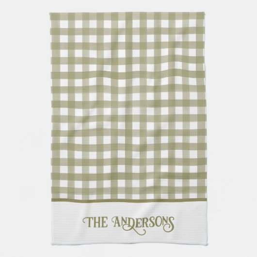 Sage Green en White Gingham Plaid Gepersonaliseerd Theedoek (Verticaal)