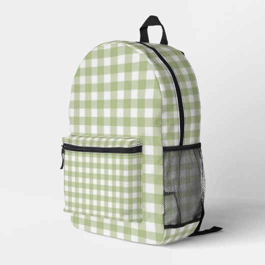 Sage Green en White Gingham Print Bedrukte Rugzak (Achterkant Hoek Rechts)