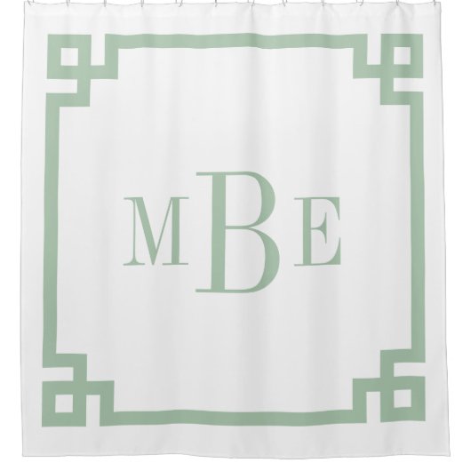 Sage Green en White Greek Key | Monogrammen Douchegordijn (Voorkant)