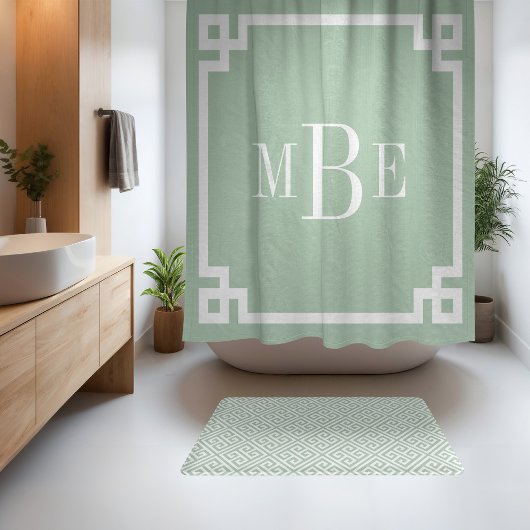 Sage Green en White Greek Key | Monogrammen Douchegordijn