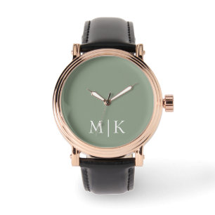 Sage Green en White   Modern monogram Horloge