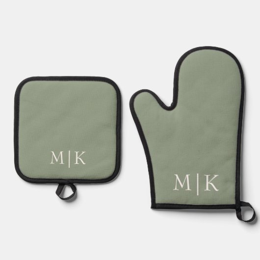 Sage Green en White | Modern monogram Ovenwant & Pannenlap Set (Voorkant)