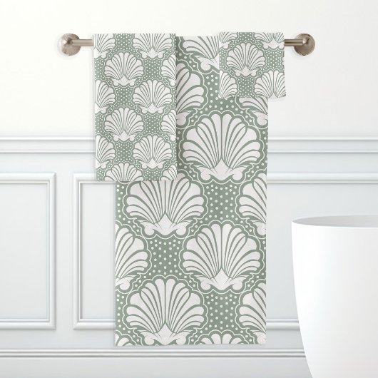 Sage Green en White Seashell Coastal Bad Handdoek