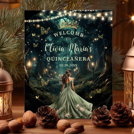 Sage Green Enchanted Forest Quinceañera Welkom Poster