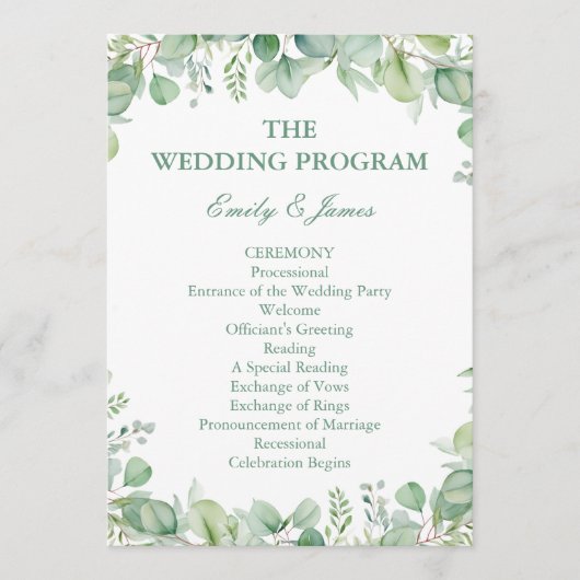 Sage Green Eucalyptus Botanical Wedding PROGRAM Programmakaart (Voorkant)