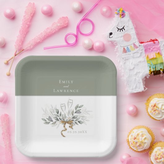 Sage Green Eucalyptus Champagne Weddenschap Borden Papieren Bordje (Feest)