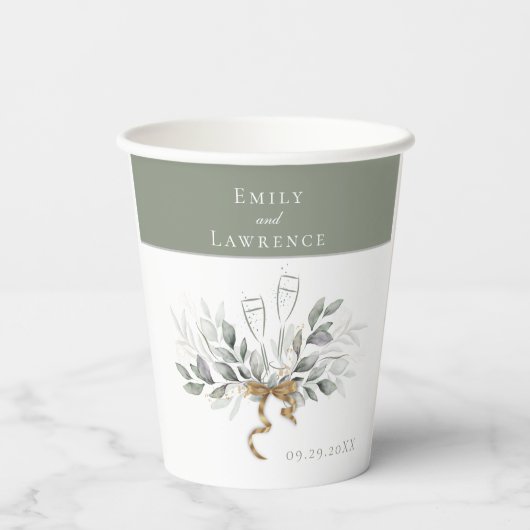 Sage Green Eucalyptus Champagne Weddenschap Paper  Papieren Bekers (Achterkant)