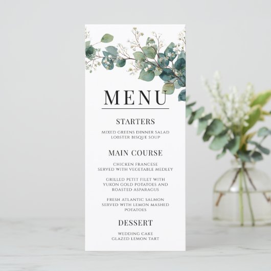 Sage Green Eucalyptus Elegant Boho Wedding Menu (Staand voorkant)