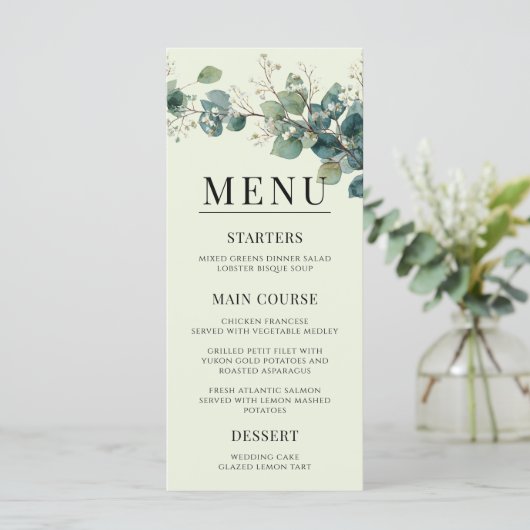 Sage Green Eucalyptus Elegant Boho Wedding Menu (Staand voorkant)