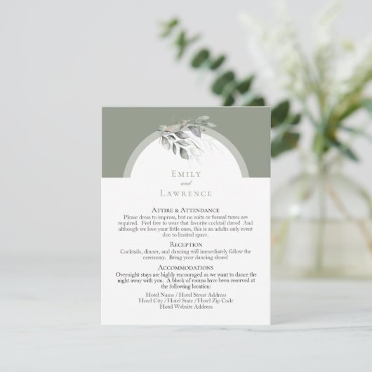 Sage Green Eucalyptus Flat Wedding Details Kaart (Staand voorkant)