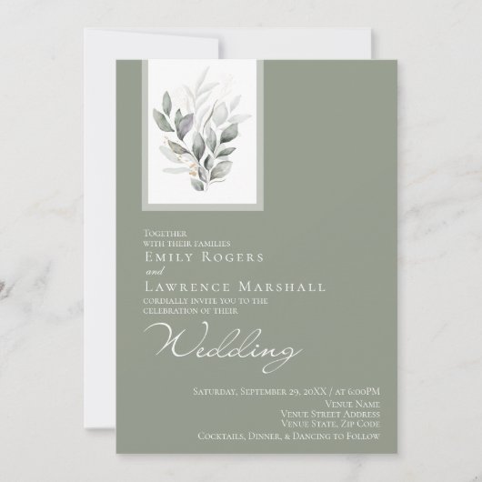Sage Green Eucalyptus Flat Wedding Invite Kaart (Voorkant)