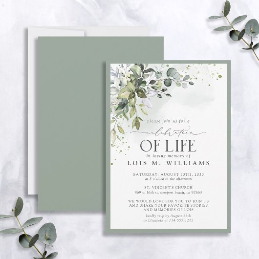 Sage Green Eucalyptus Floral Celebration of Life Kaart