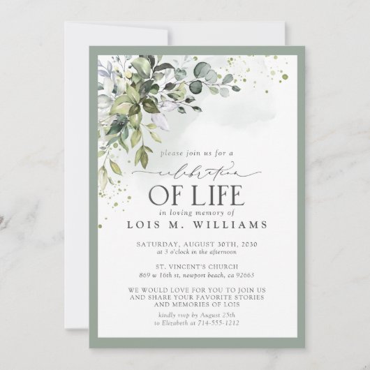 Sage Green Eucalyptus Floral Celebration of Life Kaart (Voorkant)